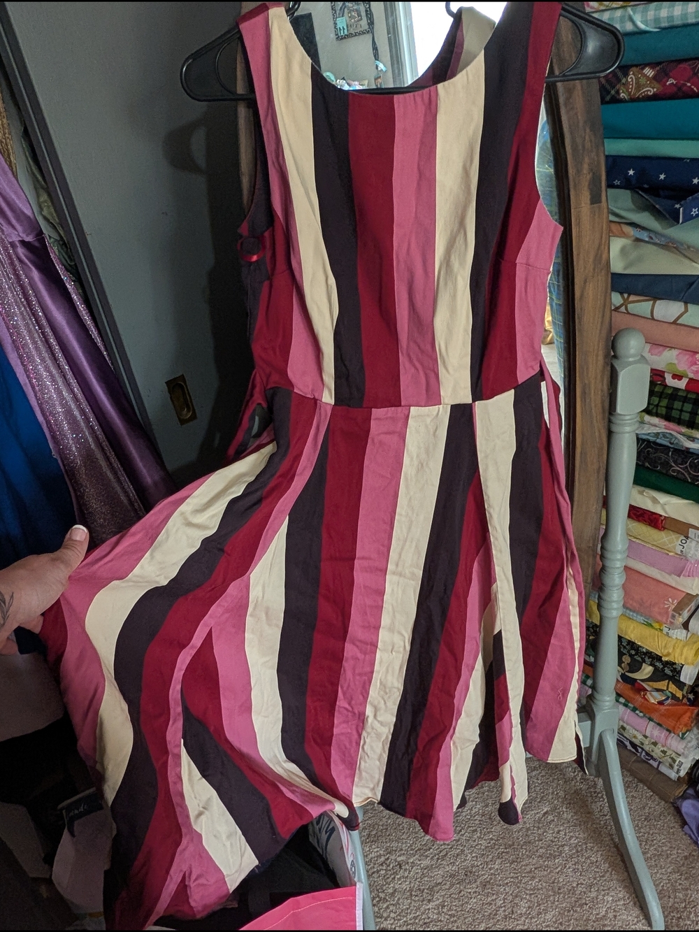 Striped Fit & Flare Sleeveless Dress in Pink, Burgundy & Cream